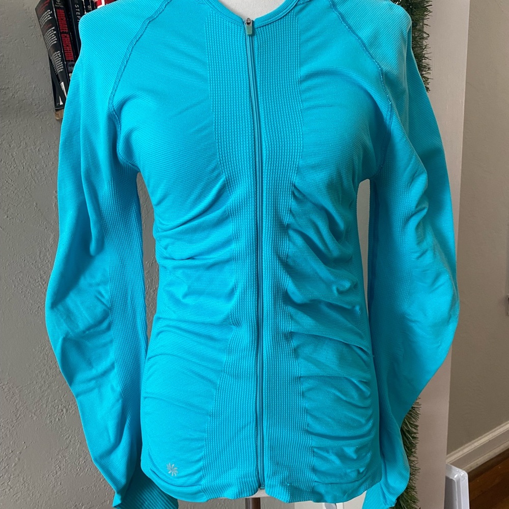 Athleta Blue Sparkle Ruched Full Zip Hooded Slimming Active Sport Yoga Jacket L - Picture 4 of 7